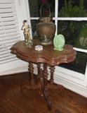 Victorian Side Table; an 18th. C. Bronze Double-Spout Pail w/ Handle; Italian Majolica Harlequin; small Limoges lidded Ring Box.