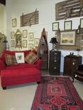 Reclaimed barn stall doors, Microfiber loveseat, retro file cabinet, vintage bar, canoe shelf is for display only