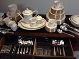 ~ LENOX "ROSE MANOR", METROPOLITAN COLLECTION. 10 SETTINGS & SERVING...IN EXCELLENT CONDITION! ALSO, "GERO" SILVER PLATE FLATWARE SET, And "COMMUNITY" PLATED FLATWARE SET. "VINTAGE CHERRY" DREXEL HERITAGE SIDE BOARD SERVER CABINET ~