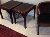 ~ DREXEL HERITAGE, ASIAN STYLE SIDE TABLES (SLIGHTLY DIFFERENT SIZES, SMALLER IS 18 X 22") ...THERE IS A LARGE SQUARE MATCHING 42-1/2" SQ. COFFEE TABLE. PLUS, CHOCOLATE VELVET ARM CHAIR ~
