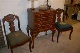 Pretty Queen Anne silver chest in mahogany. Pair of antique Victorian chairs w/needlepoint seats