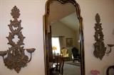 Oriental mirror, pair of sconces