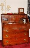 Period cherry slant top desk, American, foot height reduced, ca. 1800.  Unusual fitted drawer compartments