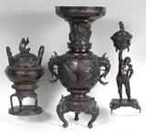 Lots 1044-1046)  Large Japanese Bronze Incense Burners (Koro) ,  The Largest is 30”h