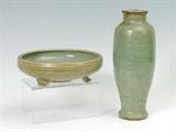 Chinese footed Celadon Bulb Bowl, 10” dia.; Chinese Longquan Celadon Vase, 12 ½” h.  