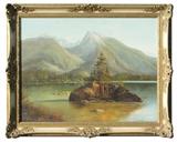 Lot 1062:  MUNINGER, Ludwig, (German, 1923-1997): Berchtesgaden Alpine Lake Scene, Oil/Canvas, 23 3/4'' x 31 3/4'', signed lower left, titled in the stretcher verso, carved and gilded frame with minor wear, 29 1/4'' x 37''. Est. $800/1200**
CONDITION: Several small flecks of paint loss, very good overall.