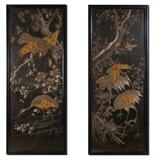 Lot 1122:  2 LARGE SILK & METAL THREAD ORIENTAL TAPESTRIES: The First Scene Depicts a Falcon or Phoenix Posed to Attack an Unsuspecting Crane; the Second Shows Two Cranes in a Landscape. Both have a sight size of 52'' x 19 1/4'', matching painted wood frames under plexi 54 1/2'' x 22 1/2'', the needlework is done in a very heavy relief design with several types of thread. Est. $1000/2000**
CONDITION: There is some wear to the silk backdrop, in need of some repair.