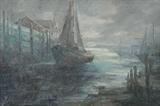Lot 1185:  EYDEN, William Arnold Jr., (Indianapolis, Indiana, 1893): ''Early Morning'', depicts a dockside scene with ships, O/C, 24'' x 36'', signed lower left WA Eyden, affixed exhibition label verso indicating title, medium, artist's name and address. Est. $600/900**