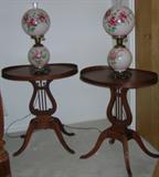 Duncan Phyphe Lyre tables with pair of hand painted blobe lamps