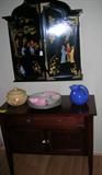 Asian black lacquer wall cabinet & dark wood hall table