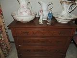 Carved Dresser/ Antique Pitchers and Bowls/Pinkie and Blue Boy
