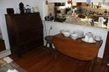 Antique Oak Desk with Pigeon Hole Storage, Farmhouse Drop Leaf Table, Franciscan English Ironstone Dishes