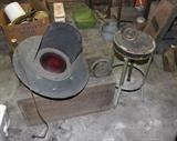 Railroad Signal, Industrial Stool and some brass pressure gauges.