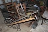 Farm Hand Cultivator, Wagon Wheel Rocker and another Pine Rocking Chair.