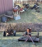 Vintage Farm Plow, Woods type IH Mower
Lawn Roller, Craftsman Lawn Dump Trailer, Husky Pull Behind Lawn Sweeper