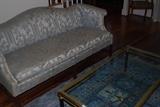 Chippendale Style French Blue Damask upholstered sofas with matching blue hand knotted rug under Spanish made Empire Style Coffee Table 