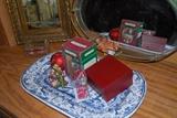 Hand painted tray with Christmas ornaments and jewel boxes