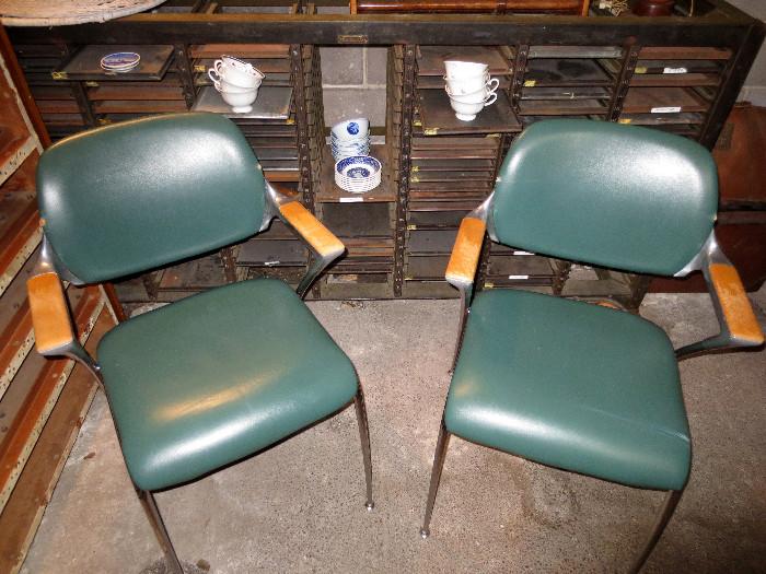 pair of chrome and maple mid-century armchairs