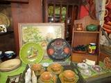 Mexican pottery and 1940s what-not shelf with drawer