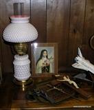 Hobnail Fenton lamp with Crosses, tray and shuttle