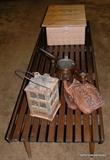 Mid Century Coffee Table with Old cast iron lamp, and Old Baseball Mitt