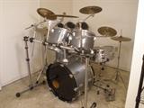 Tama Imperial Star set - 24" kick - 13 & 14" rack toms - 18" floor tom - Gibraltar Hardware - 20' Sabian ride - 17' Zildjian crash - Sabian HH mini 14" - Zildjian 12" splash & 14" hi hats + Yamaha roto toms and an extra Yamaha snare drum