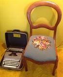 Balloon Back Needlepoint Chair and Vintage Typewriter in Case