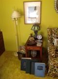Vintage Yellow Glass Slag Lamp, Floor Lamp, End Table, Books, & Stamp Collection