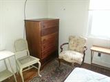 Solid Mahogany chest, Blonde wood plant stand and chair,