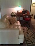 Leather Love Seat, Desk, Chair, Globe, Lamp