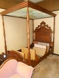 Ornate 4 Post Walnut Teaster Bed Ca. 1860 with silk button teaster.