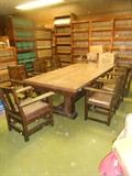 Mission Oak Conference Table and 6 Signed Limbert Mission Oak armchairs overall View  There is signed Large LIMBERT Chairmans Chair, Plus LIMBERT Signed Rocker.  All have Original Leather.