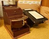 Vintage cash register and coal scuttle