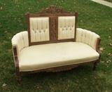 C/1880 Eastlake Walnut Settee w/applied burl and new upholstery 
