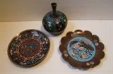 ~ 2 Early 20th C. Cloisonné plates, one w/Phoenix and one w/Dragon ~ Early 20th C. Cloisonné vase w/narrow neck