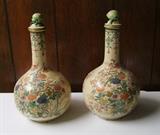 ~ C/1900 pair of Satsuma lg. stoppered bottles w/chrysanthemum patterns 