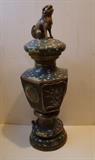~ Early 20th C. lg. Cloisonné on bronze covered urn on stand w/Foo Dog finial, signed 