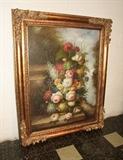 19th C. style Lg. oil on canvas of Floral Still life, gilt frame 