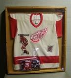 1991 signed Serge Federov Red Wings Jersey w/other items, framed 