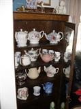 Copy pots; Vintage Oak display case