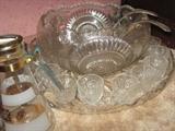 Vintage Smith Glass Large Punch bowl and under tray with many cups. 