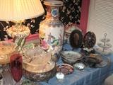 Capo Lamp Oriental vase, Imari dishes, Cinnabar small round box other unusual pieces.