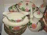 Franciscan Desert Rose dishes serving items and glasses.