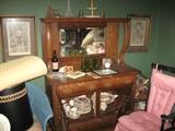 Oak Buffet with mirror back, in cabinet is Blue Ridge Dishes.