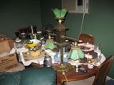 Brass and Green Art Glass Lamp. Set of Dansk Dishes. other collectible items. 