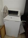 GE minifridge , toaster oven, and stand fan