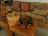 Sofa, end tables and baskets.