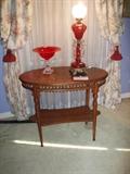 Victorian Style Oak End Table with Ruby cut to clear lamp and vintage compote.