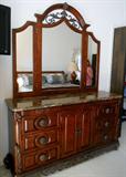 HIGH END BEDROOM SUITE LADIES DRESSER W/ MIRROR, MEN'S HIGH BOY, TWO NIGHT STANDS AND KING BED. WHAT A BEAUTIFUL SET