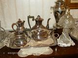 A SAMPLING OF THE SILVER AND SILVER PLATE PIECES AVAILABLE, ALSO NOT SHOWING SILVER RING BOX, DRESSER SET, MUCH MORE PLUS JEWELRY